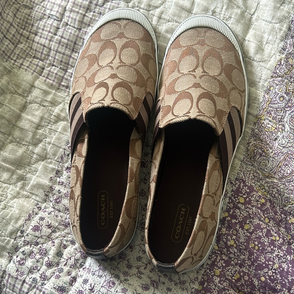 Coach slip on flats in Nubuck in tan. Leather canvas. Size 9 1/2.